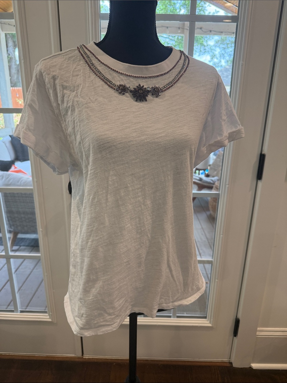 Cinq a Sept Women’s White Short-Sleeve Tee with Embellished Necklace Detail